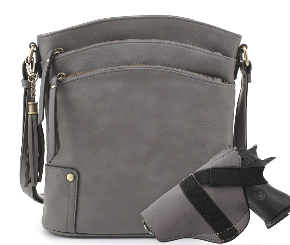 JESSIE & JAMES ROBIN CONCEALED CARRY LOCK AND KEY CROSSBODY HANDBAG 11 H X 10.25 W X 3 D ( GREY )