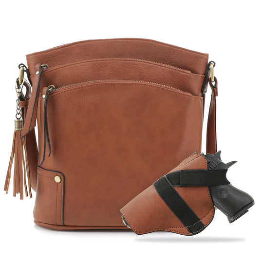 JESSIE & JAMES ROBIN CONCEALED CARRY LOCK AND KEY CROSSBODY HANDBAG 11 H X 10.25 W X 3 D ( TAN )