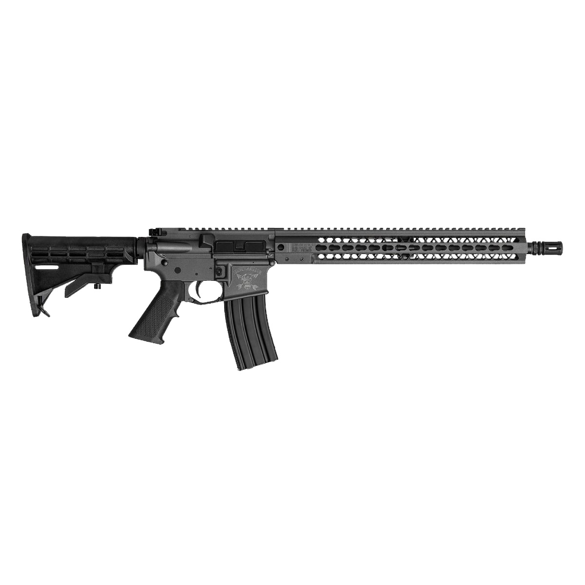Brigade Forged 5.56 AR 16" Cerakote Tungsten Adjustable Standard Stock; 15" U-Rail; A2 Flash Hider; Milspec Ambidextrous Charging Handle; 1x30rd magazine