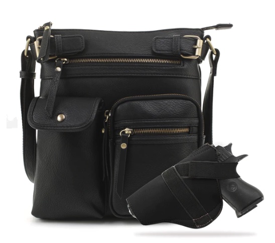JESSIE & JAMES SHELBY CONCEALED CARRY LOCK AND KEY CROSSBODY HANDBAG 11 H X 9.5 W X 1.5 D ( BLACK )