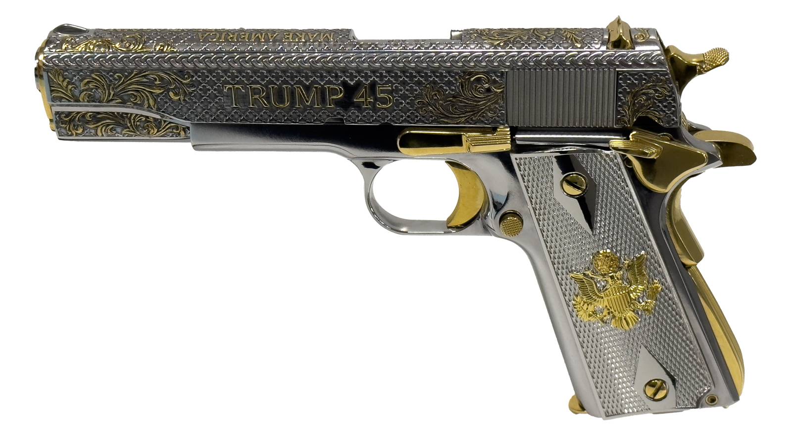 AUTO ORDNANCE HGA 45 AUTO 5IN BBL 1/7RD MAG 1911A1 NICKEL PLATED TRUMP 45 GOLD ACCENTS
