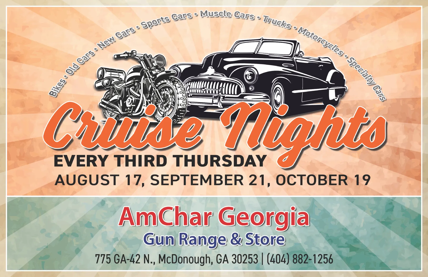 Cruise Nights at Amchar! Cars, motorcycles, trucks. If it has wheels on it, bring it!