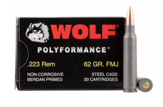 WOLF AMO 223 REM 62GR FMJ STEEL CASE 20-RD BOX (25...