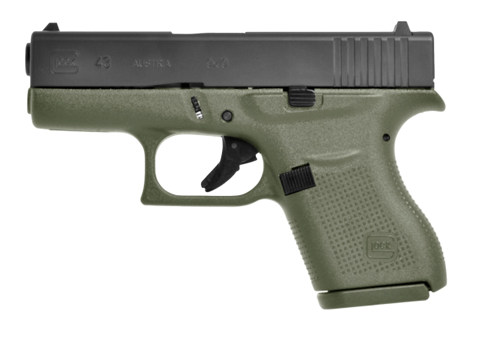 GLOCK 43 G43 HGA 9MM 3.46 IN BBL NO SIGHTS BFG 5LB 2 6RD MAGS BATTLE FIELD GREEN