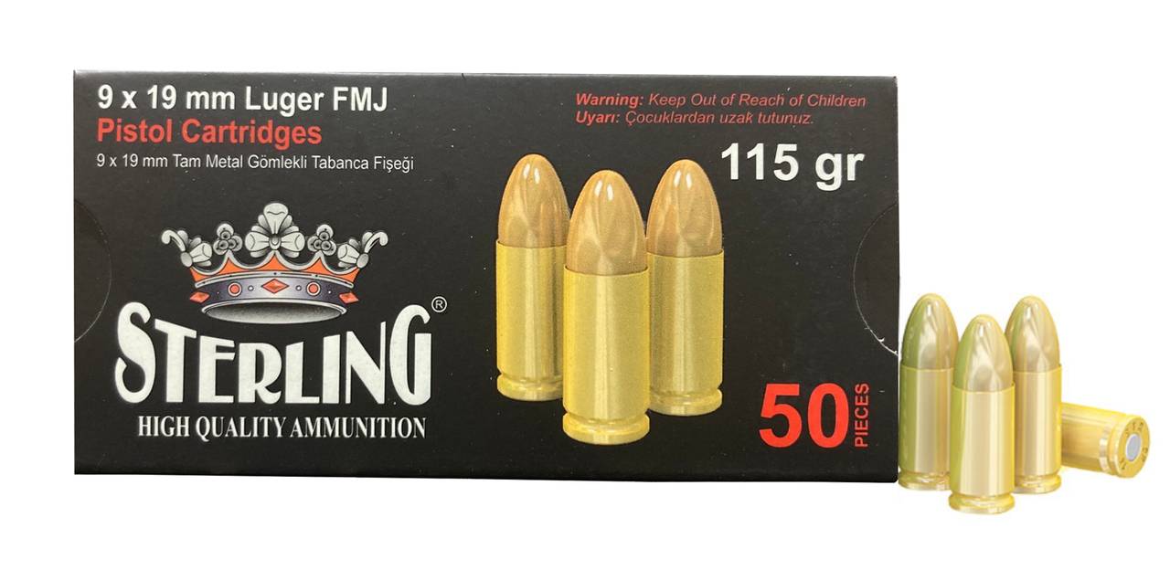 Sterling 500.9.19.L.FMJ 9MM 115 Grain FMJ Brass Case 50 Rounds