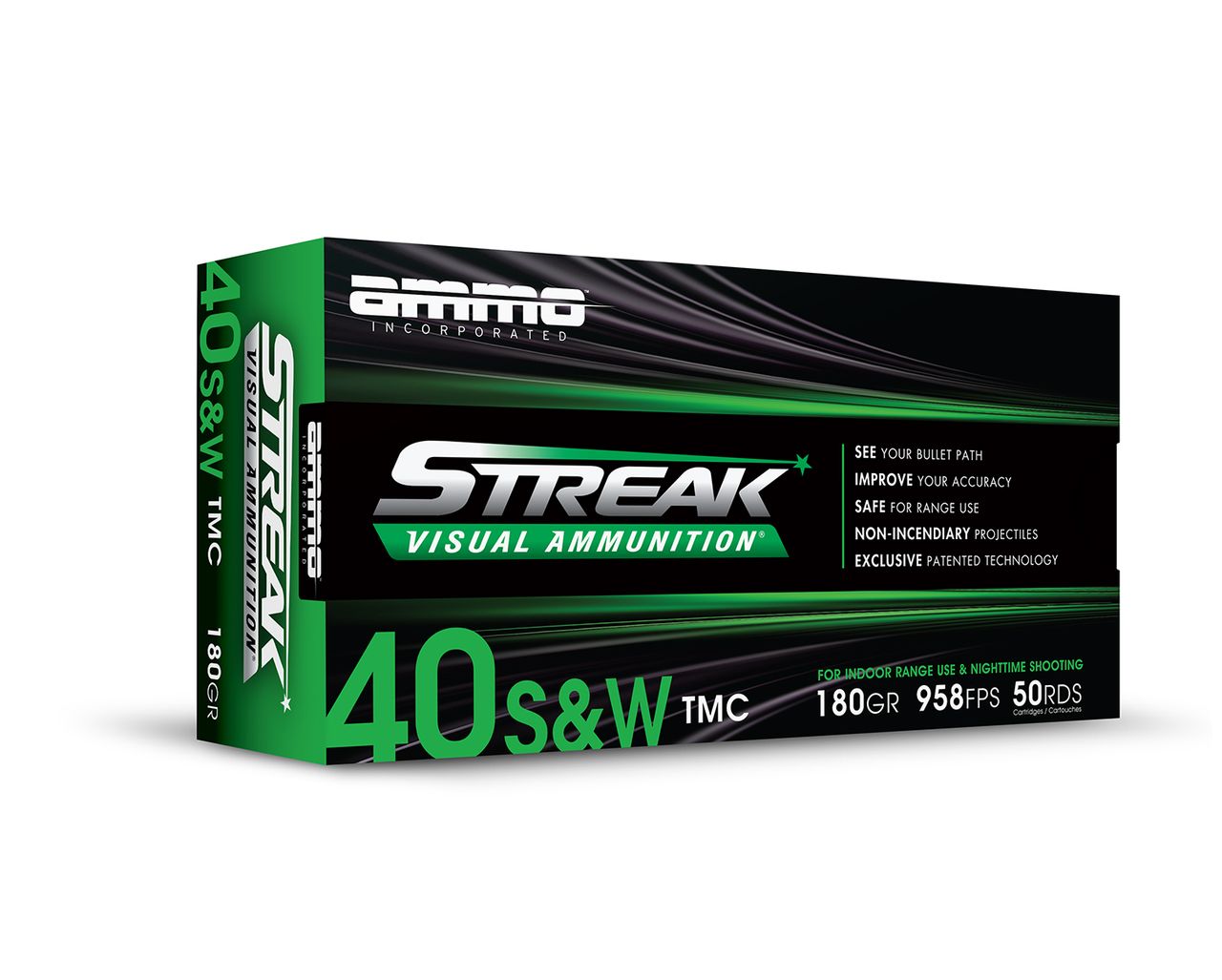 Ammo Inc 40180JHPSTRKGRN Streak Visual Green 40S&W 180gr JHP 20/Box