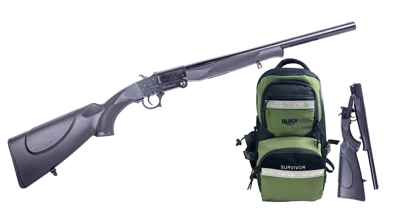 ATI NOMAD SGS 12GA SINGLE SHOT SHOTGUN 18" BBL 3" CHAMBER GREEN RUKX GEAR SURVIVOR BACKPACK