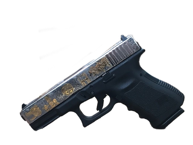 GLOCK 19 G19 HGA 9MM 4.0 IN BBL FS 5LB 2 15RD MAGS NICKEL PLATED AZTEC GOLD INSERTS