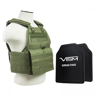 NCSTAR PLATE CARRIER VEST OD GREEN W/ 2 10"X12" SHOOTER CUT HARD PE BALLISTIC PANELS