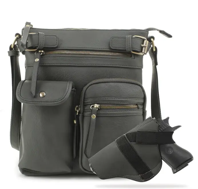 JESSIE & JAMES SHELBY CONCEALED CARRY LOCK AND KEY CROSSBODY HANDBAG 11 H X 9.5 W X 1.5 D ( DK GR )