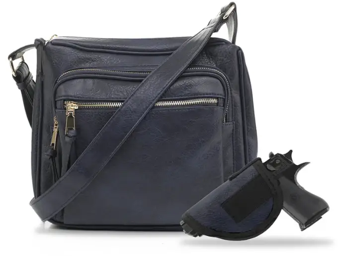 JESSIE & JAMES BROOKLYN CONCEALED CARRY LOCK & KEY CROSSBODY HANDBAG 9.5 H X 10.5 W X 3.5 D ( NAVY )