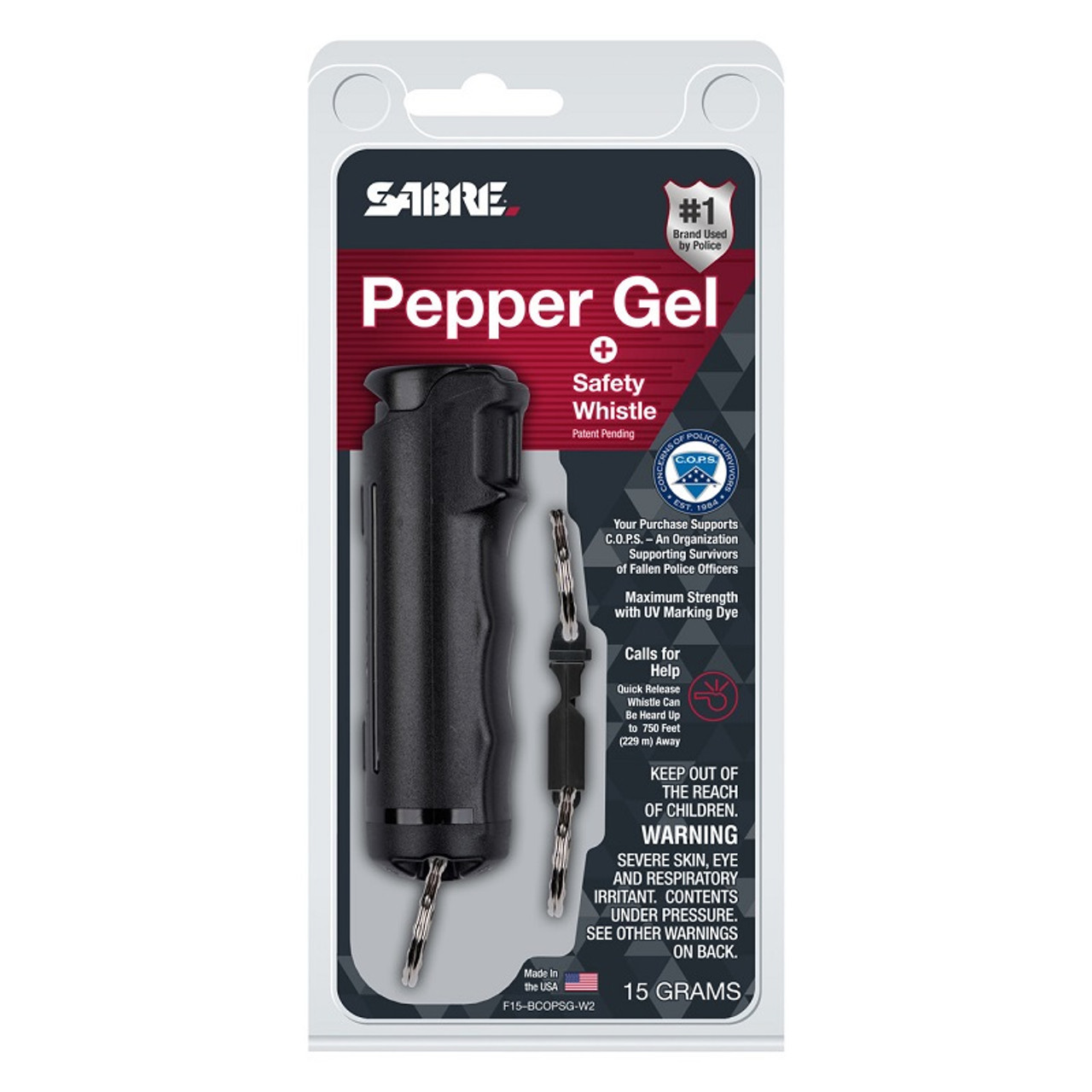 SABRE COPS PEPPER GEL W/QUICK RELEASE WHISTLE KEYCHAIN BLACK 12-PK