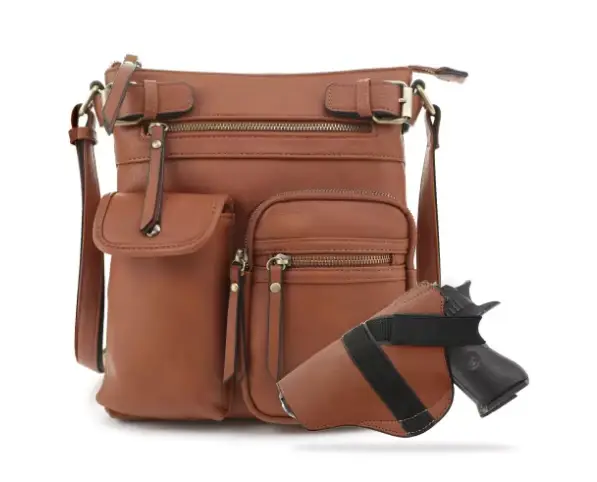 JESSIE & JAMES SHELBY CONCEALED CARRY LOCK AND KEY CROSSBODY HANDBAG 11H X 9.5  W X 1.5 D ( COGNAC )