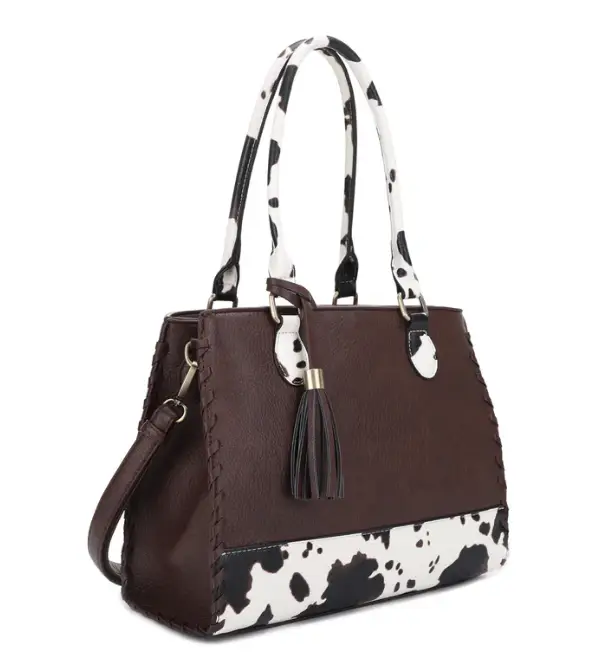 JESSIE & JAMES MONTANA  CONCEALED CARRY LOCK AND KEY HANDBAG 9.75 H X 12.5 W X 5.25 D ( COFFEE/COW )