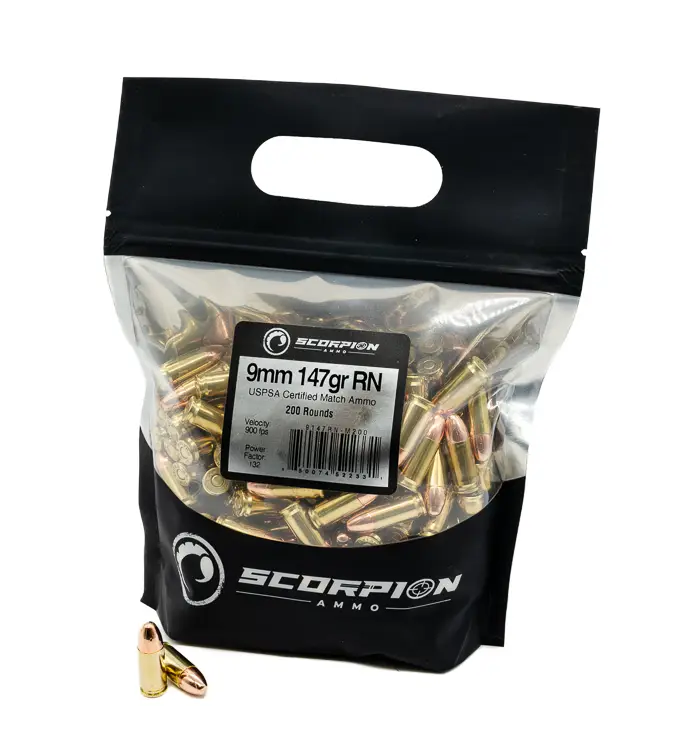 SCORPION AMO 9MM 147GR TMC- RN 200RD GO BAG  USPSA MATCH CERT ( 5 BAGS PER CASE)