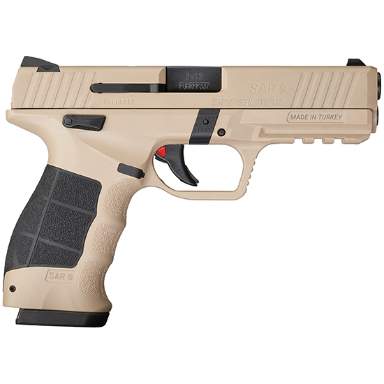 SAR USA SAR9SA SAR9 Safari 9mm Luger Caliber with 3.80" Barrel, 17+1 Capacity, Overall Flat Dark Earth Finish, Picatinny Rail/Finger Grooved Frame, Serrated Steel Slide & Black Polymer Grip