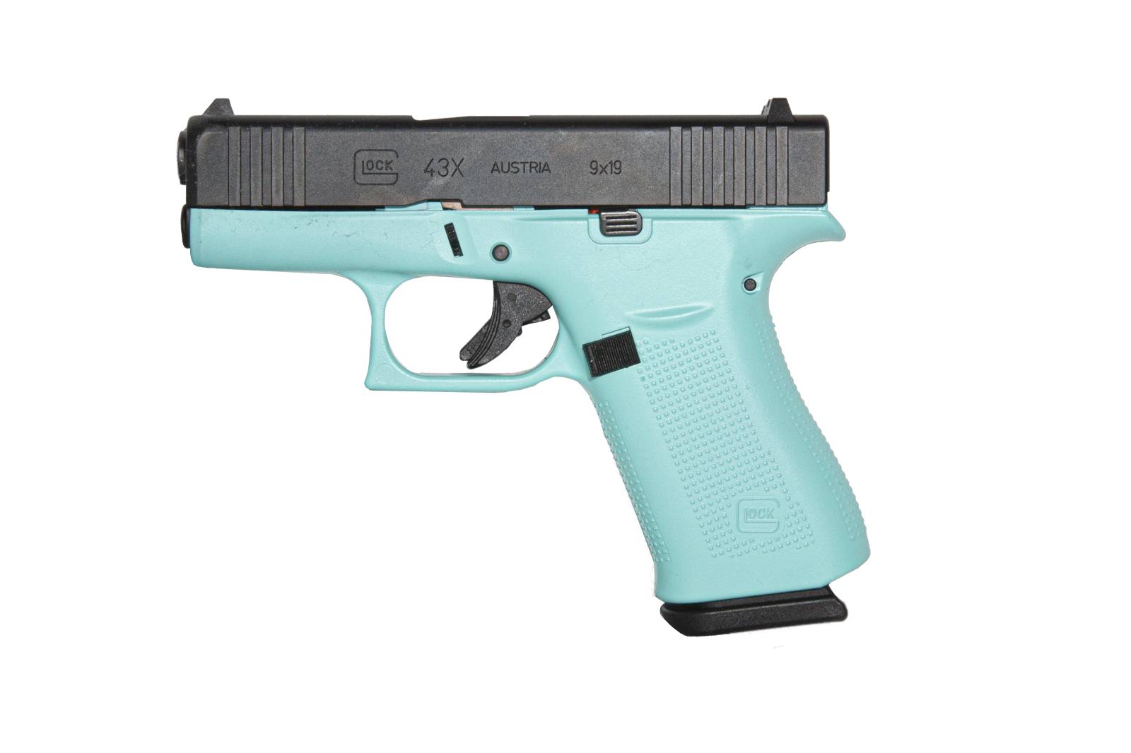 GLOCK 43X G43X HGA 9MM 3.6 IN BBL FS 5LB BLACK 2 10RD MAGS CERAKOTE ROBIN EGG BLUE FRAME