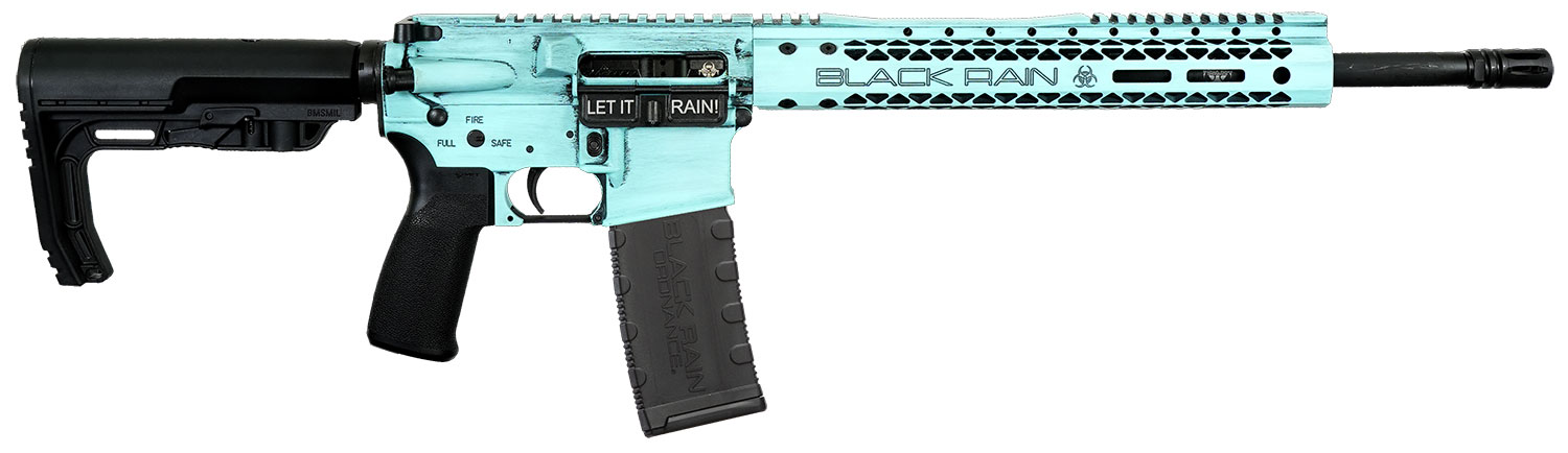 Black Rain Ordnance Spec+ Fusion Semi-Auto Rifle, 5.56 NATO, 16" Chromoly Barrel, Nitride BCG, Tiffany Blue Battleworn, MFT Furniture, 34" Length - Black Rain Ordnance - 223 Remington
