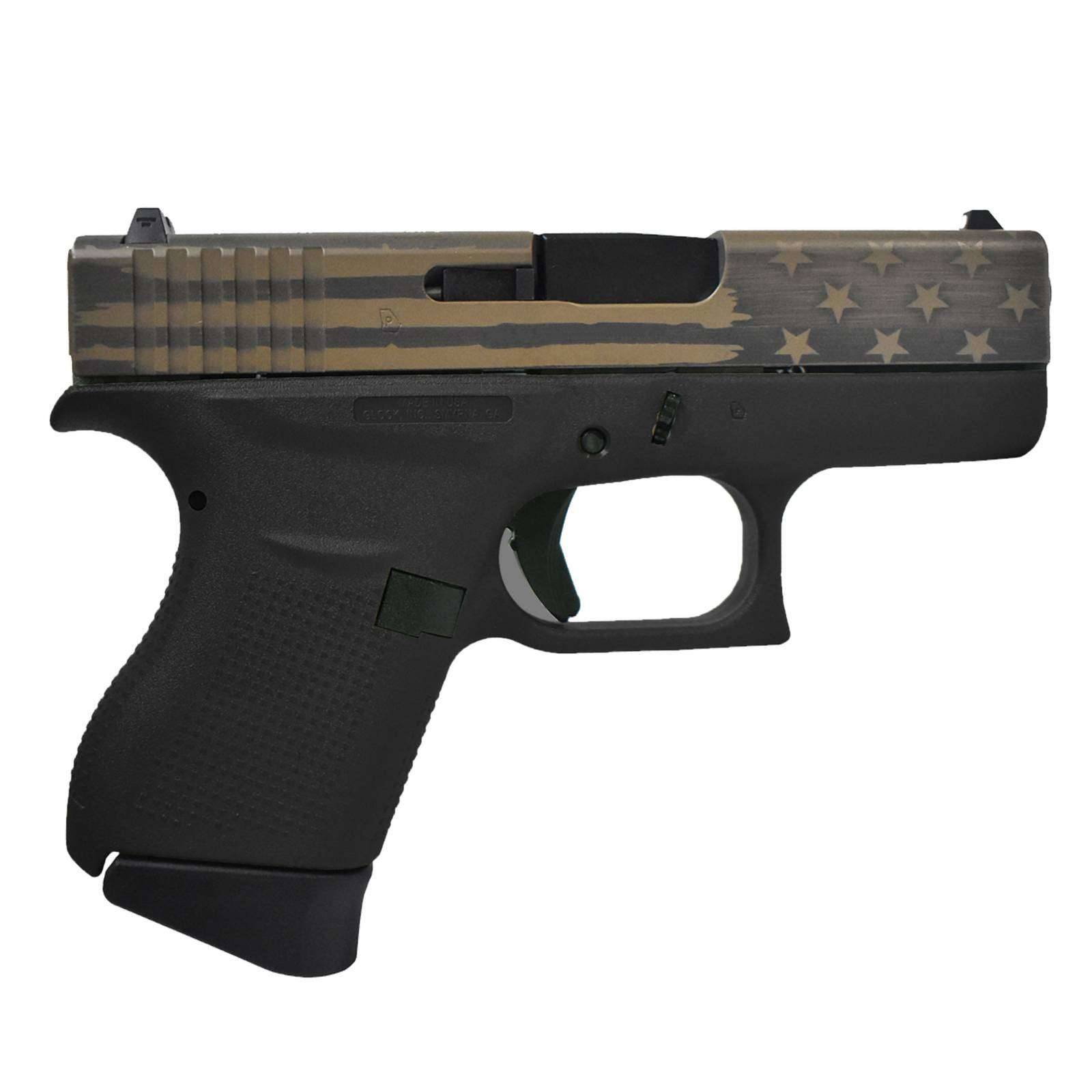 GLOCK 43 G43 HGA 9MM 3.26 IN BBL FS 5LB 2 6RD MAGS CERAKOTE ELITE TITANIUM BATTLE FLAG SLIDE